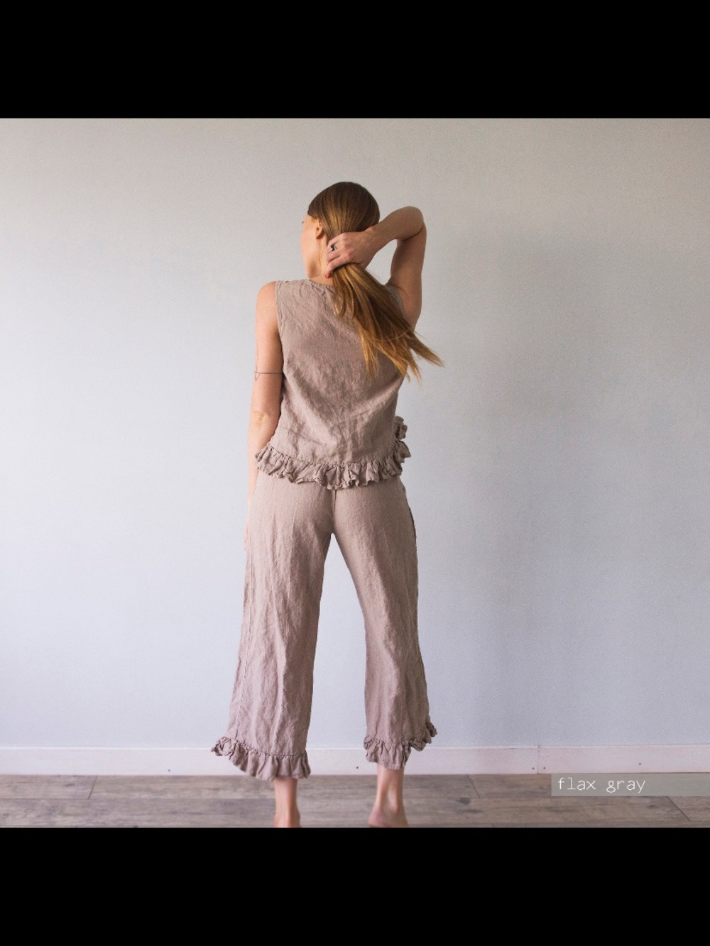 Linen Red Pants Ruffle Hem - Picture 2 of 4